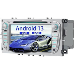 AWESAFE Android 13 auto radio priekš Ford Focus Mondeo S-Max C-Max Galaxy, 2GB + 32GB, atbalsta DAB WLAN Bluetooth CD DVD Double DIN radio ar 7 collu ekrānu - sudraba krāsā