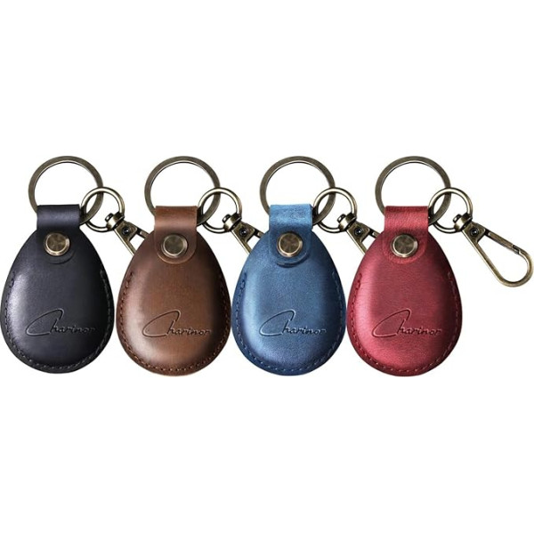 Premium Case for AirTag with Genuine Leather Keyring, Airtag Pendant, Slēptas Case for Apple Air Tag [Pack of 4 - Red + Black + Blue + Dark Brown 2.0]