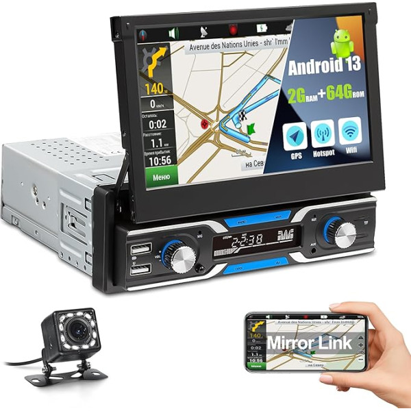 [2GB + 64GB] CAMECHO 1 DIN Android 13 autoradio ar satelītnavigācijas sistēmu, 7 collu automātiski izvelkams izvelkams displeja autoradio ar WiFi savienojumu/GPS/Bluetooth/FM uztvērējs/USB/EQ/Mirror Link + atpakaļgaitas kamera