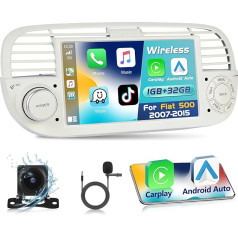 Podofo Auto radio Fiat 500 2007-2015 ar bezvadu Carplay Android automašīnas 7 collu stereo displejs ar ekrānu Auto radio ar Bluetooth, WiFi, HiFi, GPS, RDS + atpakaļgaitas kamera un mikrofons