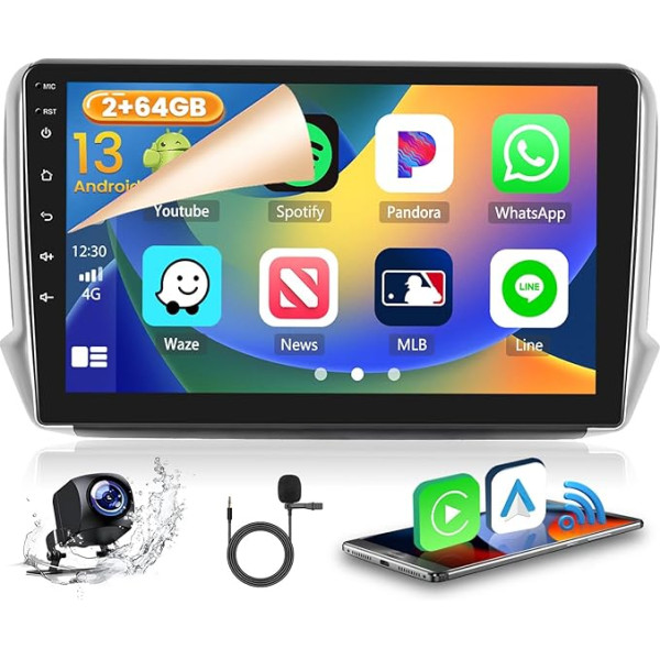 2GB + 64GB Android 13 Auto radio Peugeot 208/2008 2012-2018 Radio Bezvadu CarPlay Android Car Bluetooth 10.1 collu ekrāns Auto radio ar navigāciju atpakaļgaitas kamera