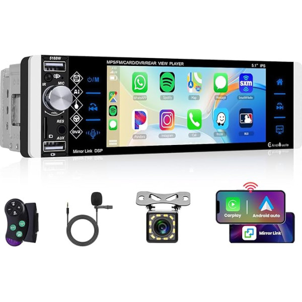 Hodozzy 1 DIN auto radio Carplay un Android Car, 5,1 collu skārienjūtīgais ekrāns ar Mirror Link Bluetooth EQ/FM/AM/RDS radio atpakaļgaitas kamera, auto radio MP5 1 DIN atskaņotājs atbalsta USB AUX TF