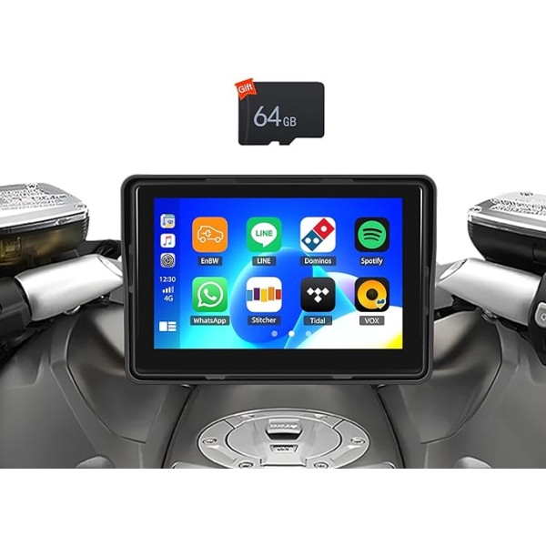 OiLiehu Motociklu pārnēsājamais auto radio ar ekrānu Bezvadu CarPlay un Android Car, 5 collu IPS IP68 ūdensizturīgs skārienjutīgais ekrāns ar Bluetooth/Mirror Link/AirPlay/EQ + 64G TF karte