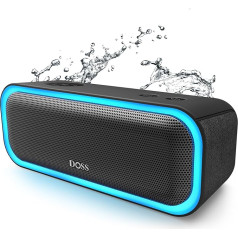 DOSS Bluetooth skaļrunis, SoundBox Pro Music Box Bluetooth, 20 W, daudzkrāsains apgaismojums, IPX5 ūdensnecaurlaidīgs, 20H akumulators, bezvadu stereo savienojums, Bluetooth kaste mobilajam tālrunim, ārā, pludmalē - melns