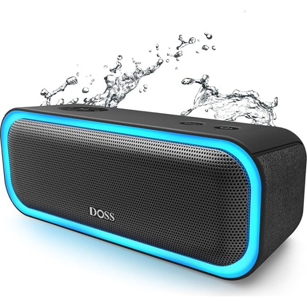 DOSS Bluetooth skaļrunis, SoundBox Pro Music Box Bluetooth, 20 W, daudzkrāsains apgaismojums, IPX5 ūdensnecaurlaidīgs, 20H akumulators, bezvadu stereo savienojums, Bluetooth kaste mobilajam tālrunim, ārā, pludmalē - melns