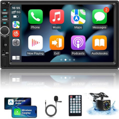 Double DIN radio ar Carplay un Android Car - 7 collu HD skārienjūtīgais ekrāns 2 DIN radio ar Bluetooth, Mirror Link, SWC, EQ, FM radio, auto audio uztvērējs AUX/USB ar atpakaļgaitas kameru