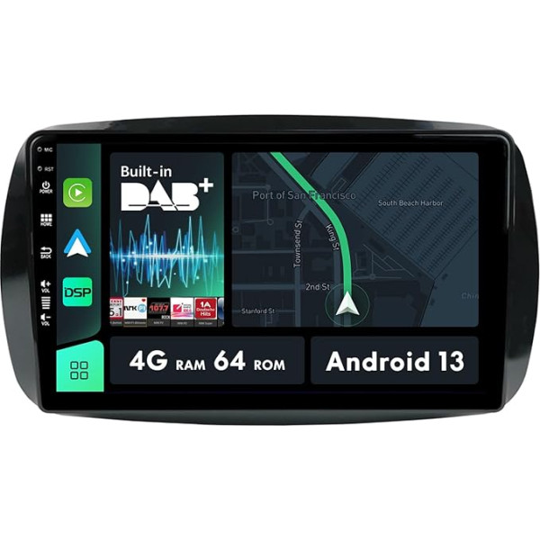 9 collu Android IPS autoradio piemērots Mercedes Benz Smart 453 Fortwo 2014-2020 | atpakaļgaitas kamera | 4G + 64G | integrēta DAB+DSP + Carplay ar SWC stūres vadības ierīci