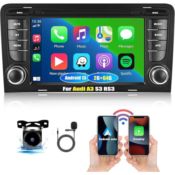 CAMECHO 2+64G Android 13 auto radio ar navigāciju Bezvadu Carplay Android automašīnai Audi A3 S3 RS3 8P 8V 2003-2012, 7 collu ekrāns Auto radio ar Bluetooth WiFi WiFi FM/RDS Hi-Fi SWC MIC aizmugures skata kamera