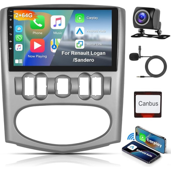 Hodozzy 2G + 64G Android auto radio Renault Logan/Sandero 2008-2015 Bezvadu Carplay Android automašīnai, 9 collu skārienjūtīgais ekrāns ar GPS navigāciju WiFi Bluetooth Mirrorlink HiFi FM RDS radio ar