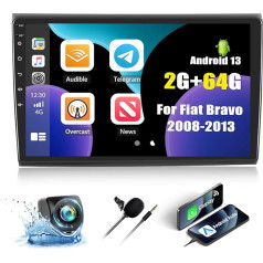 CAMECHO 2+64G Android 13 Auto Radio Stereo Fiat Bravo 2008-2013, 9 collu bezvadu Carplay Bluetooth Radio 2Din ar Android Auto GPS WiFi FM/RDS Mirror Link + atpakaļgaitas kamera Canbus 2USB