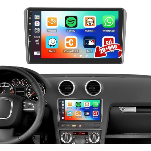 2G + 64G CAMECHO Android 13 auto radio priekš Audi A3 S3 RS3 8P 8V 2008-2012 ar navigācijas sistēmu Carplay Android Car, Double DIN auto radio ar 9 collu ekrānu Bluetooth RDS/FM MirrorLink