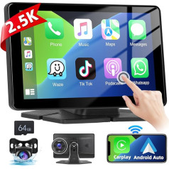 Podofo Bezvadu Carplay Android auto radio ar Dash Cam, 7 collu ekrāns, stereo ar bezvadu Carplay, Bluetooth, FM pārraide, atpakaļgaitas kamera, 2 sadalītas funkcijas, braukšanas reģistrators