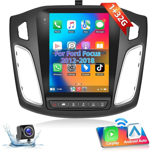 Podofo 1+32G auto radio Ford Focus 2012-2018 ar bezvadu Carplay, 9,7 collu Android 13 auto radio ar vertikālu ekrānu, Bluetooth, Android Car, WiFi, GPS + atpakaļgaitas kamera un mikrofons