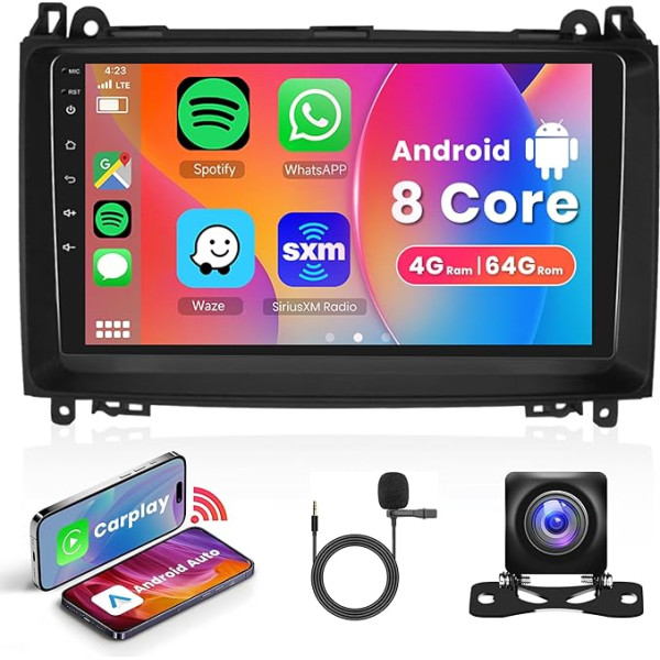 8 kodolu 4G + 64G bezvadu Carplay Android 13 auto radio Mercedes Benz A/B klases W169 W245 B200 W639 Vito Viano W906 Sprinter 9 collu auto radio Android auto navigācija GPS WiFi Bluetooth FM/RDS aizmugurējais