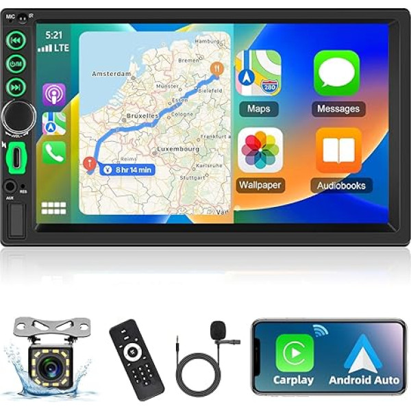 Podofo Auto radio 2 DIN ar bezvadu Apple Carplay Android Car, 7 collu skārienjūtīgais ekrāns Auto Stereo Radio Double DIN ar Bluetooth, atpakaļgaitas kamera, Mirror Link/FM Radio/SWC/AUX-in/Remote Control