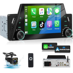 Podofo 5 collu autoradio 1 DIN ar bezvadu Carplay Android Bluetooth 5.1 radio stereo ar ekrāna skārienjūtīgo displeju, FM atbalstu, spoguļa saiti, ātru uzlādi + atpakaļgaitas kamera un mikrofons