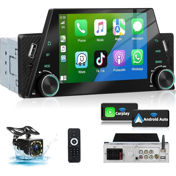 Podofo 5 collu autoradio 1 DIN ar bezvadu Carplay Android Bluetooth 5.1 radio stereo ar ekrāna skārienjūtīgo displeju, FM atbalstu, spoguļa saiti, ātru uzlādi + atpakaļgaitas kamera un mikrofons