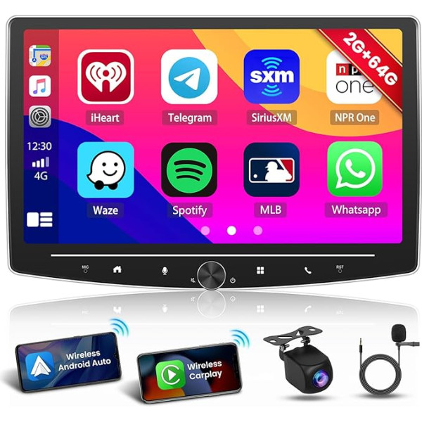 Android 13 Radio auto 1 DIN ar ekrānu, 10 collu skārienjūtīgais ekrāns CarPlay Bezvadu Android auto, Bluetooth radio, Hi-Fi, WiFi 4G GPS USB USB atpakaļgaitas kamera Stūres vadības stūre