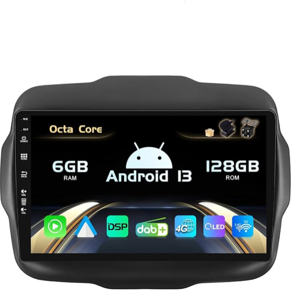 SXAUTO Android 13 - Iebūvēts 4G LTE un DAB - 6G + 128G - Autoradio Jeep Renegade (2015-2018) - Dual Band WiFi - CarPlay Android Car - Kamera + mikrofons - Vadāmība no stūres - QLED 9 collu 2 DIN