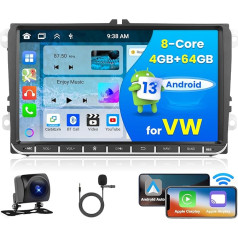 [4+64G] Android auto radio ar satelīta navigāciju VW Golf 5 6 Polo Skoda Passat Bezvadu Carplay Android auto radio ar 9 collu skārienjūtīgo displeju Bluetooth auto radio ar WiFi FM/RDS mikrofonu + atpakaļgaitas kamera