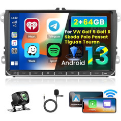 Inefala 9 Zoll Android 13 Autoradio für VW Golf 5 Golf 6 Skoda Polo Passat Tiguan Touran 2 DIN Bildschirm (2 + 64 GB) mit Wireless CarPlay Android Auto FM RDS GPS Bluetooth WiFi Lenkradsteuerung