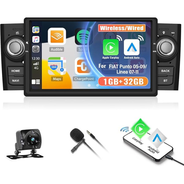 CAMECHO 1+32G Auto radio Fiat Punto 05-09/Linea 07-11 ar bezvadu Apple Carplay Android Car, 7 collu ekrāns, auto radio ar spoguļa savienojumu GPS/WiFi/RDS/FM/SWC/HiFi+atgriešanas kamera+MIC