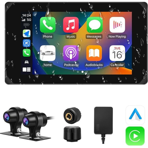 VSYSTO Motociklu Carplay GPS bezvadu CarPlay un Android auto IP65 ūdensizturīgs pārnēsājams auto radio, 5 collu IPS skārienjūtīgā ekrāna motociklu displejs ar dubulto Bluetooth TPMS, navigāciju, Siri