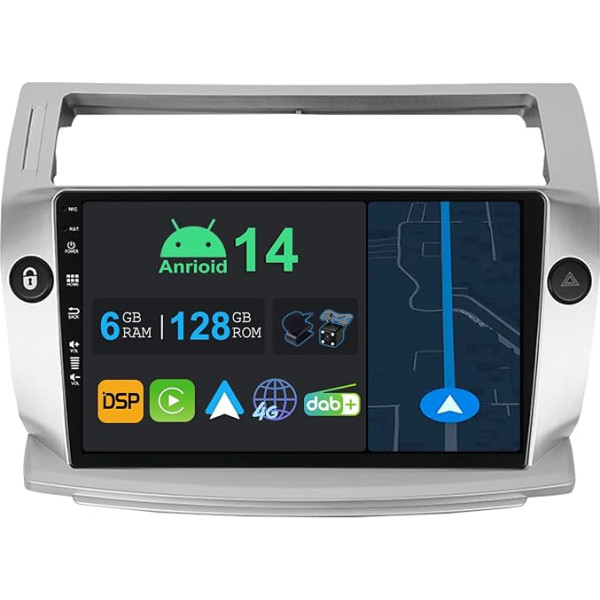 YUNTX 9 collu Android 13 auto radio ar satelītnavigāciju Citroen C4/C-Quatre/C-Triomphe 2004-2012 | Octa Core | 6GB 128GB | Iebūvēts 4G LTE | CarPlay un Android Car | DSP | DAB | QLED | Dual Band WiFi