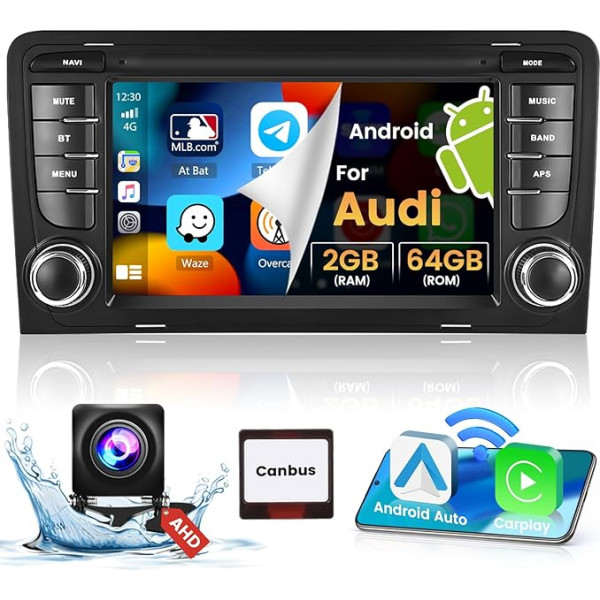 Hikity 2GB + 64GB Android 13 auto radio Audi A3/S3/RS3 ar bezvadu CarPlay Android Car Mirror Link, 7 collu skārienjutīgais ekrāns, auto radio ar satelīta navigāciju WiFi SWC FM/RDS Mic atpakaļgaitas kamera