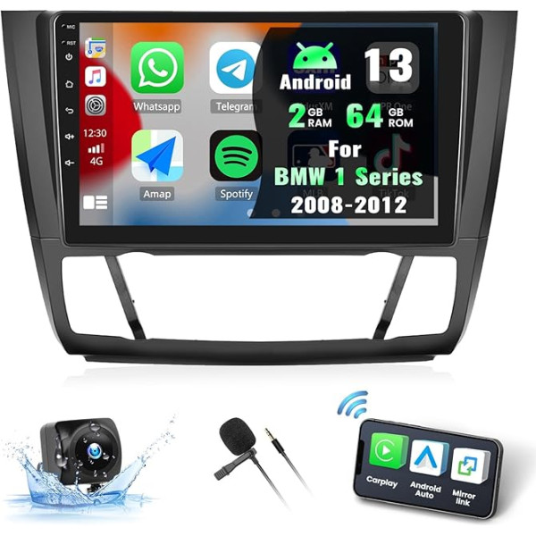 CAMECHO 2G + 64G Android 13 auto radio BMW 1. sērijas E81 E82 E87 E88 2008-2012 ar Wireless Carplay Android Car, 9 collu ekrāns ar Mirror Link GPS Bluetooth HiFi FM SWC + atpakaļgaitas kamera