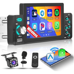 Inefala 1 DIN autoradio ar bezvadu Carplay un Android Car, 5 collu ekrāns ar Bluetooth, Mirror Link, FM atbalsts, stūres vadība, ekvalaizers, USB, C tipa, aizmugures skata kamera