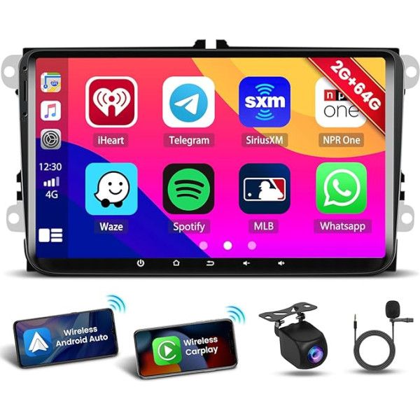 [2+64GB] 9 collu bezvadu Carplay autoradio Seat Skoda VW Passat B6 Polo Golf radio ar Android auto FM/RDS/GPS/Bluetooth/WiFi USB/MIC stūres vadības stūres rats + atpakaļgaitas kamera