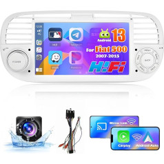 Inefala 1 + 32 GB Android Carplay autoradio Fiat 500 2007-2015, 7 collu skārienjūtīgais ekrāns ar CarPlay Android Car, Bluetooth, Mirror Link, WiFi, GPS, RDS FM, AHD atpakaļgaitas kamera (balta)