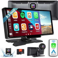 CAMECHO Pārnēsājams bezvadu autoradio ar Apple Carplay Android ar Dash Cam un atpakaļgaitas kameru, 9,3 collu ekrāns Carplay displejs ar Bluetooth Mirror Link GPS FM+ 64G TF karte