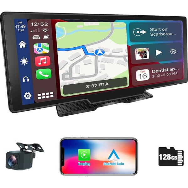 AneQu Portatīvais 9,3 collu bezvadu auto atskaņošanas / Android auto, Carplay displejs, 2,5K Dash Cam, visi dažādi 12V-24V auto uzlādes veidi, auto stereo uztvērējs ar Bluetooth 1080P rezerves kamera TF karte 128G