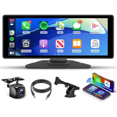 Rimoody 26,1 cm (10,3 Zoll) Bezvadu CarPlay Android Auto Bildschirm Tragbares Auto Stereo Touchscreen Tragbarer CarPlay Bildschirm mit Siri Bluetooth FM Übertragung Sprachsteuerung CarPlay Bildschirm