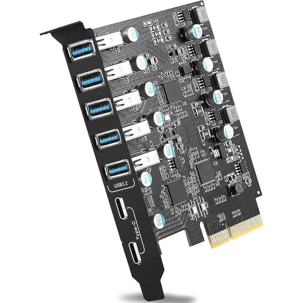 Pcie USB 3.2/3.1 Gen 2 karte 7 porti (2 x USB C - 5 x USB A), USB paplašināšanas karte ar 10 Gb/s iekšējām USB pieslēgvietu kartēm Windows 10/8/7 un Mac OS 10.8.2 virs 10.8.2