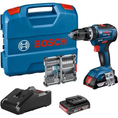 Bosch profesionālā 18 V sistēma GSB 18 V-55 Akumulatora triecienurbjmašīna (Maks. Griezes moments 55 Nm, ieskaitot 2 x 2,0 Ah akumulatoru un lādētāju, 35 gabalu trieciena piederumu komplekts, L korpusā), Amazon ekskluzīvs komplekts.