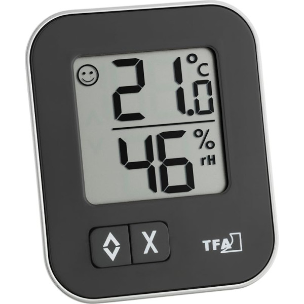 TFA Dostmann Moxx digitālais termohigrometrs, 30.5026.01, iekštelpu klimata kontrolei, gaisa mitruma kontrolei, mazs un parocīgs, 1 iepakojums, melns