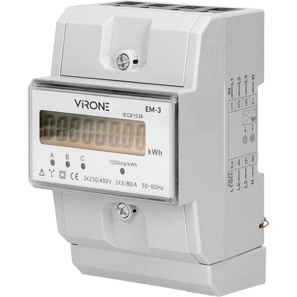 Virone EM-3 digitālais maiņstrāvas skaitītājs, trīsfāžu enerģijas mērītājs, 80 A, 4,3 moduļi, DIN TH-35 mm