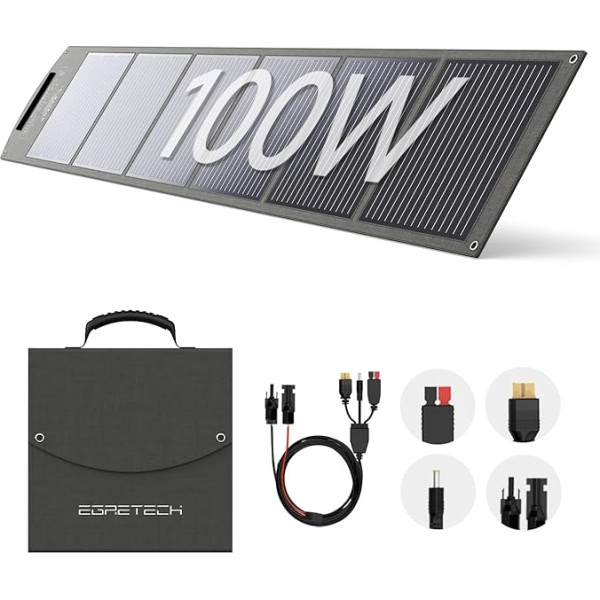 Egretech Portable Solar Panel 100W 17,5V ar MC-4 DC5521/XT60/Anderson kabeli, 100W salokāms saules paneļu komplekts ar regulējamiem statīviem, ūdensizturīgs IP65 kempingam, āra apstākļiem, elektrostacijai