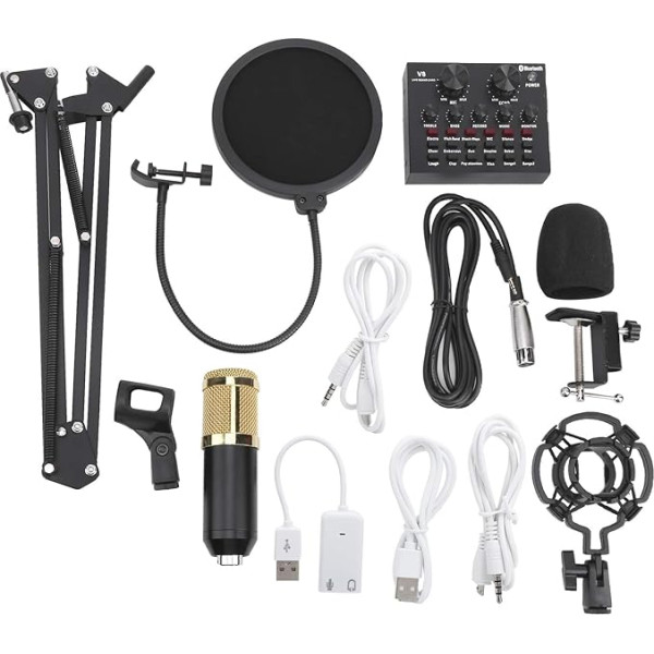 Akozon V8 skaņas karte ar kondensatora mikrofonu, BM800 kondensatora mikrofona studijas ierakstu komplekti Regulējams statīvs skaņas kartei Live Audio Mixer Pārnēsājamā ierakstu konsole STU