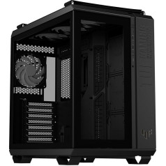 ASUS TUF Gaming GT502 Plus TG ARGB Black datorkorpuss spēļu datoriem, Mid ATX, ar divām kamerām, bezinstrumentu sānu paneļi, USB 3.2 Gen2 Type-C, 4 iepriekš uzstādīti ARGB ventilatori, melns