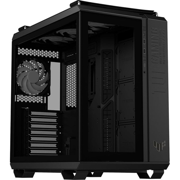 ASUS TUF Gaming GT502 Plus TG ARGB Black datorkorpuss spēļu datoriem, Mid ATX, ar divām kamerām, bezinstrumentu sānu paneļi, USB 3.2 Gen2 Type-C, 4 iepriekš uzstādīti ARGB ventilatori, melns