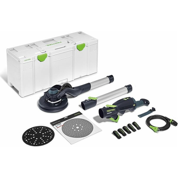 Festool garenzāģu slīpmašīna LHS 2 225 EQI-Plus Planex (ar pagarinātāju, šļūtenes skavu, Velcro savienotāju, 5 gab. iepakojumā, granāta P180, strāvas kabelis, slīpēšanas diska diametrs 220 mm, ieskaitot saskarnes paliktni), in