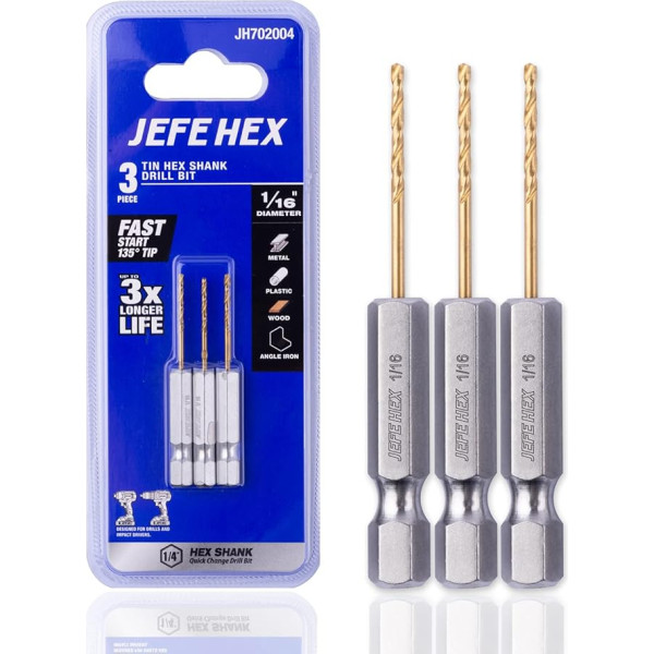 JEFE HEX 1/16 collas HSS urbis ar titāna pārklājumu Spirālveida urbis ar sešstūra kātu Parastie urbšanas instrumenti 135 grādu šķeltais uzgalis Ideāli piemērots tēraudam, varam, alumīnijam, cinka sakausējumiem, koksnei, plastmasai (3 gab.)