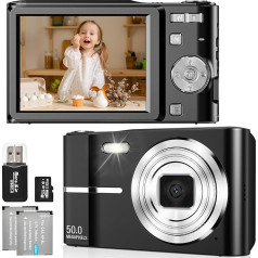 FAYIBUY Digitālā fotokamera 50MP 1080P FHD foto kamera ar automātisko fokusu 16X digitālā tālummaiņa Pārnēsājamā kompaktā kamera ar 32GB SD karti bērniem, pusaudžiem, iesācējiem, dāvana (melna)