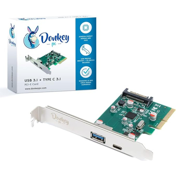 Donkey pc PCI Express paplašināšanas karte ar 1 portu USB 3.1 A tipa + 1 portu USB 3.1 C tipa adapteris PCI Express uz USB un C tipa USB Plug & Play + Hot Swap pārraide 10 Gbps