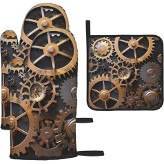 Steampunk Mechanische Zahnräder Bedruckte Ofenhandschuhe & Topflappen Set mit 3 Stück, rutschfeste Grillhandschuhe und Topflappen für Küche Kochen Backen Grillen