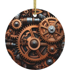 WHJYYYXDE Runder Weihnachtsanhänger aus Keramik, Baum, hängend, Festival-Ornament für Supermärkte, Häuser, Steampunk, mechanische Zahnräder, Drucke